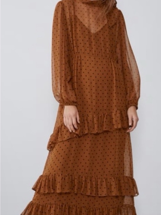 Zara Dresses & Skirts - Zara Brown Polka Dot Ruffle Maxi Dress